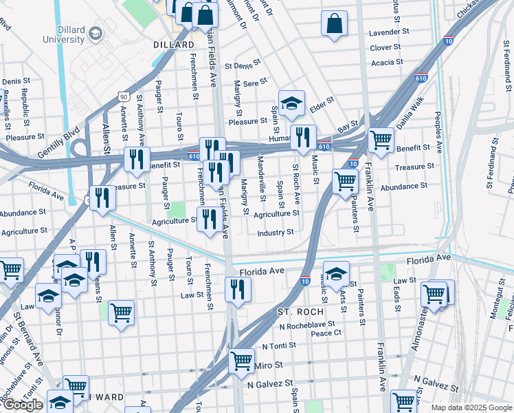 map of restaurants, bars, coffee shops, grocery stores, and more near 2903 Marigny Street in New Orleans
