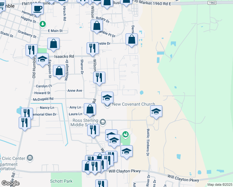 map of restaurants, bars, coffee shops, grocery stores, and more near 831 Wilson Road in Humble