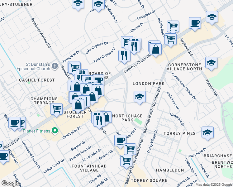 map of restaurants, bars, coffee shops, grocery stores, and more near in Harris County