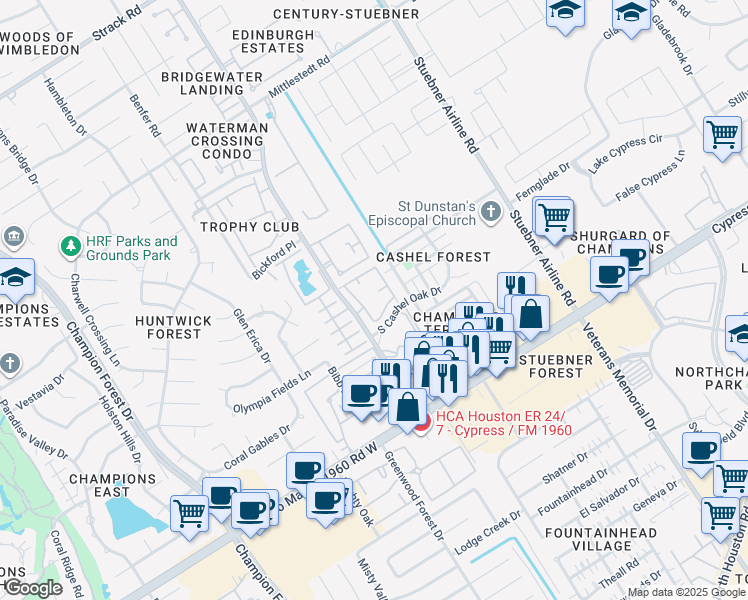 map of restaurants, bars, coffee shops, grocery stores, and more near 14222 Wunderlich Drive in Houston