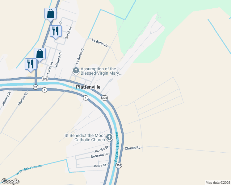 map of restaurants, bars, coffee shops, grocery stores, and more near 5532 Louisiana 308 in Napoleonville