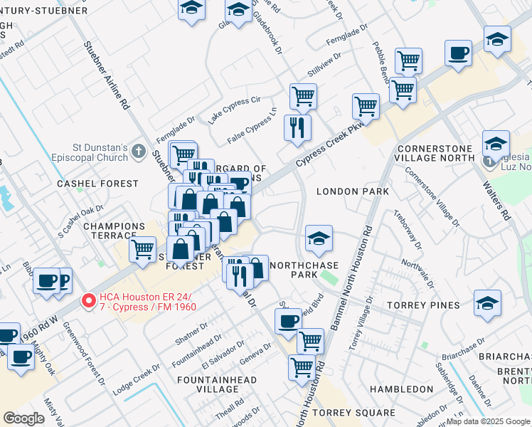 map of restaurants, bars, coffee shops, grocery stores, and more near 4522 Sylvanfield Drive in Houston