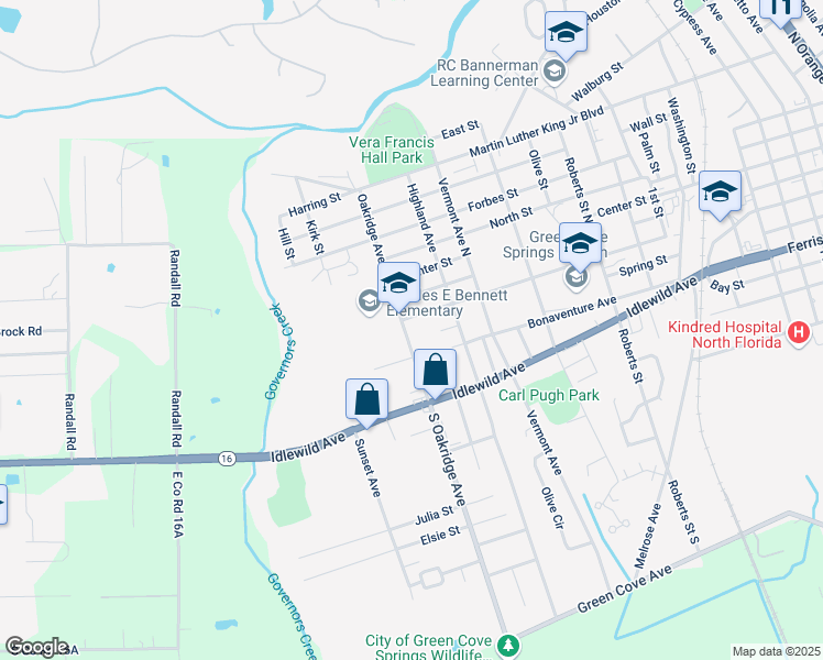map of restaurants, bars, coffee shops, grocery stores, and more near 12 South Oakridge Avenue in Green Cove Springs