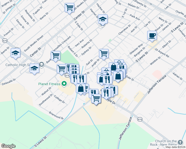 map of restaurants, bars, coffee shops, grocery stores, and more near 1335 Ann Street in New Iberia