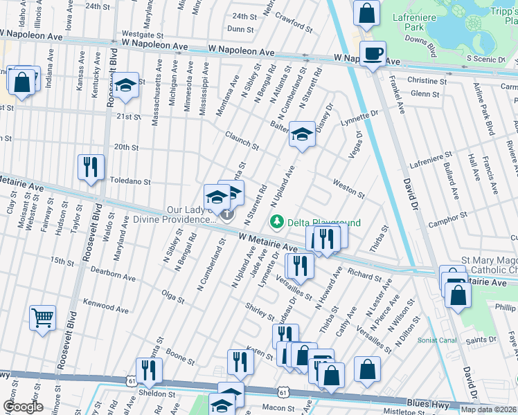 map of restaurants, bars, coffee shops, grocery stores, and more near 1020 North Starrett Road in Metairie