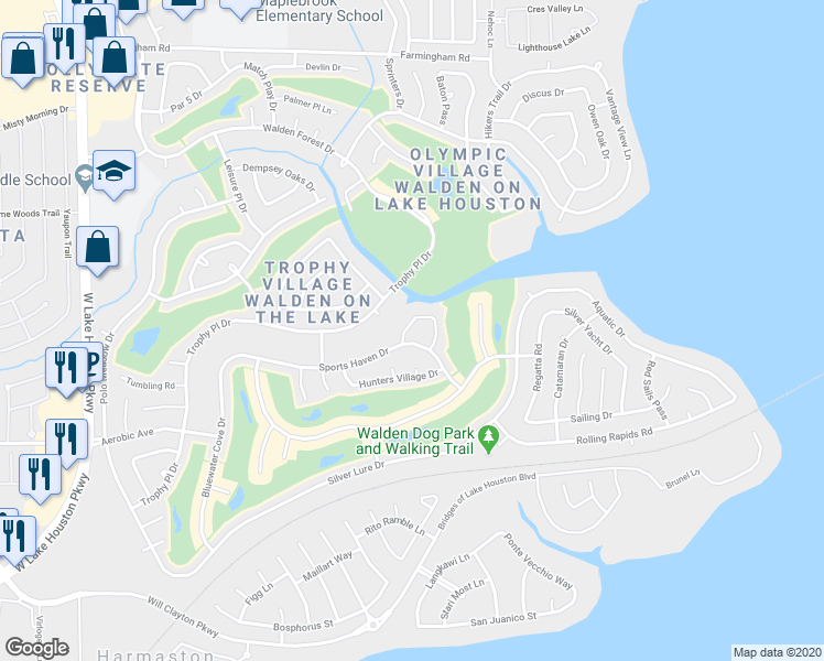 map of restaurants, bars, coffee shops, grocery stores, and more near 18739 Walden Glen Circle in Atascocita
