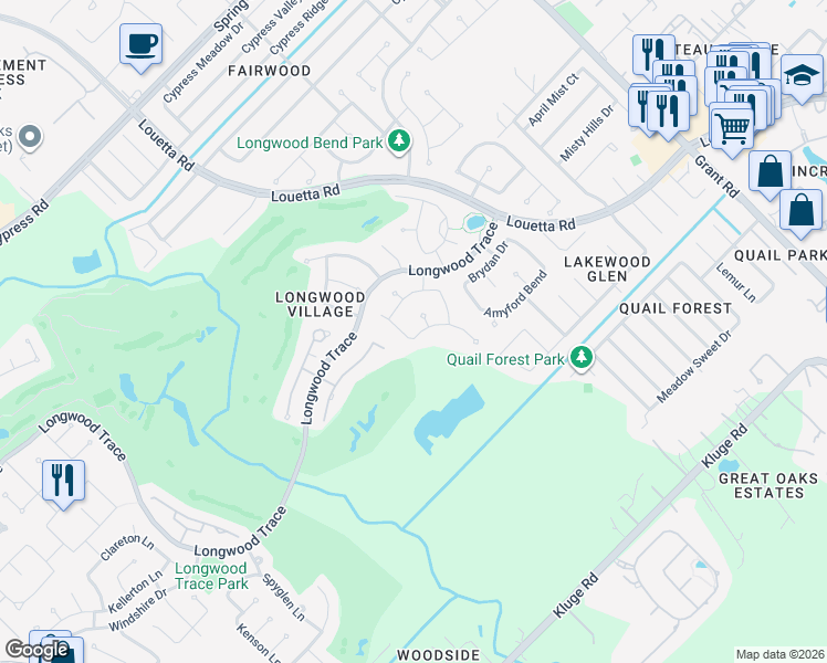 map of restaurants, bars, coffee shops, grocery stores, and more near 14506 Farrawood Drive in Cypress