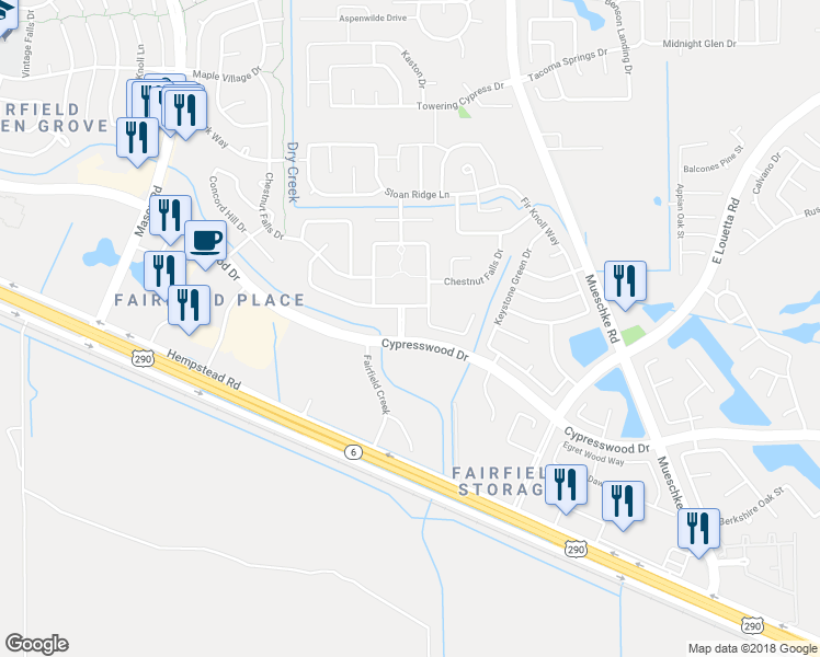 map of restaurants, bars, coffee shops, grocery stores, and more near 14906 Carolina Hills Drive in Cypress