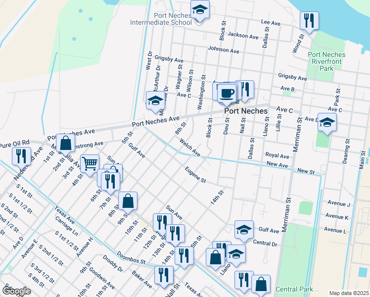 map of restaurants, bars, coffee shops, grocery stores, and more near 1522 Eugene Street in Port Neches