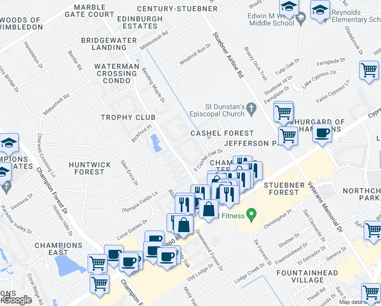 map of restaurants, bars, coffee shops, grocery stores, and more near 14328 Wunderlich Drive in Houston