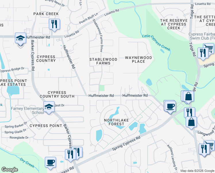 map of restaurants, bars, coffee shops, grocery stores, and more near 16023 Stablepoint Lane in Cypress