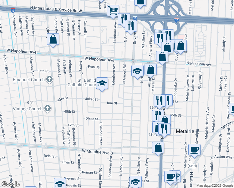 map of restaurants, bars, coffee shops, grocery stores, and more near 1700 Woods Drive in Metairie