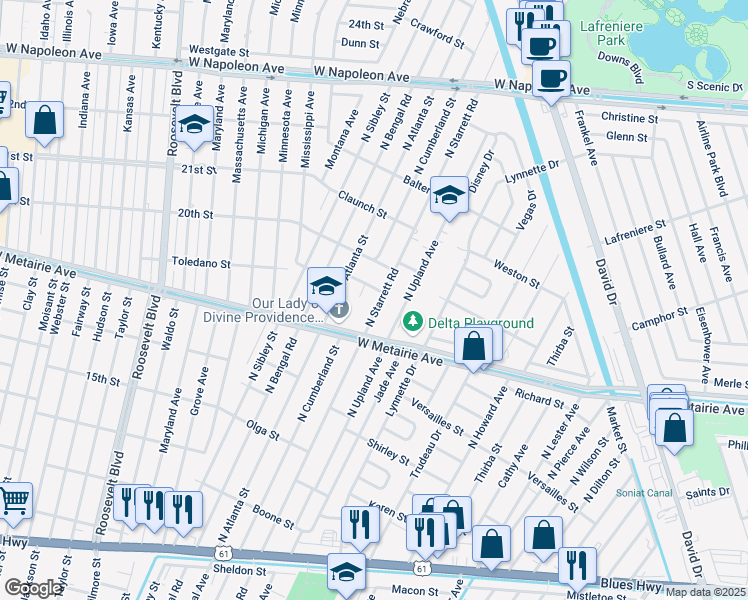 map of restaurants, bars, coffee shops, grocery stores, and more near 1020 North Starrett Road in Metairie