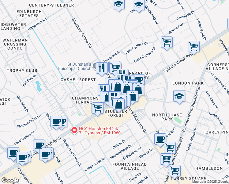 map of restaurants, bars, coffee shops, grocery stores, and more near 4502 Cypress Creek Parkway in Houston
