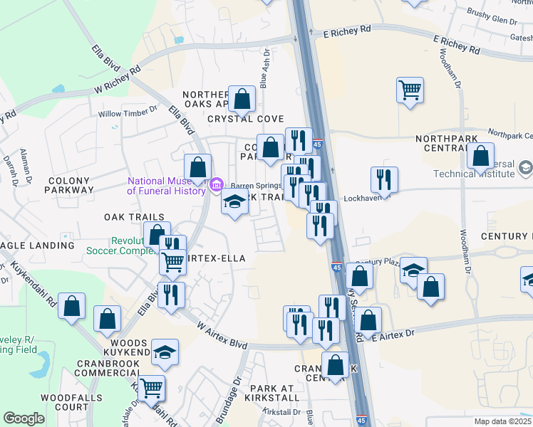 map of restaurants, bars, coffee shops, grocery stores, and more near 15215 Blue Ash Drive in Houston