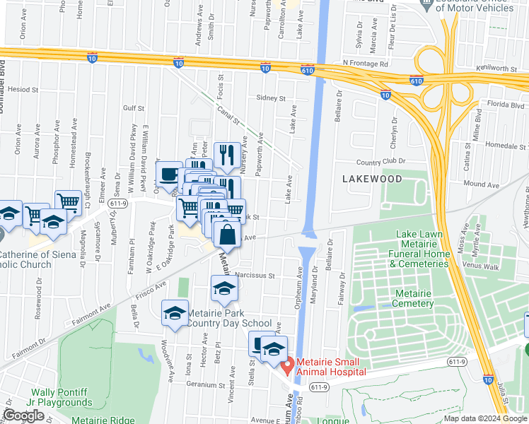 map of restaurants, bars, coffee shops, grocery stores, and more near 404 Carrollton Avenue in Metairie