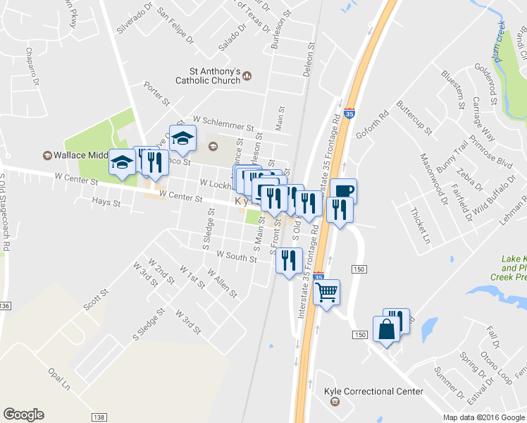 map of restaurants, bars, coffee shops, grocery stores, and more near 111 South Main Street in Kyle