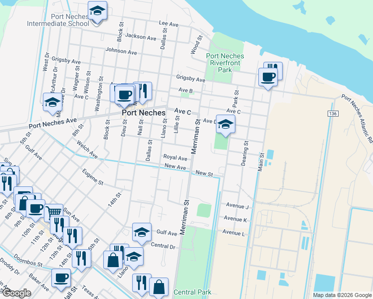 map of restaurants, bars, coffee shops, grocery stores, and more near 732 Royal Avenue in Port Neches