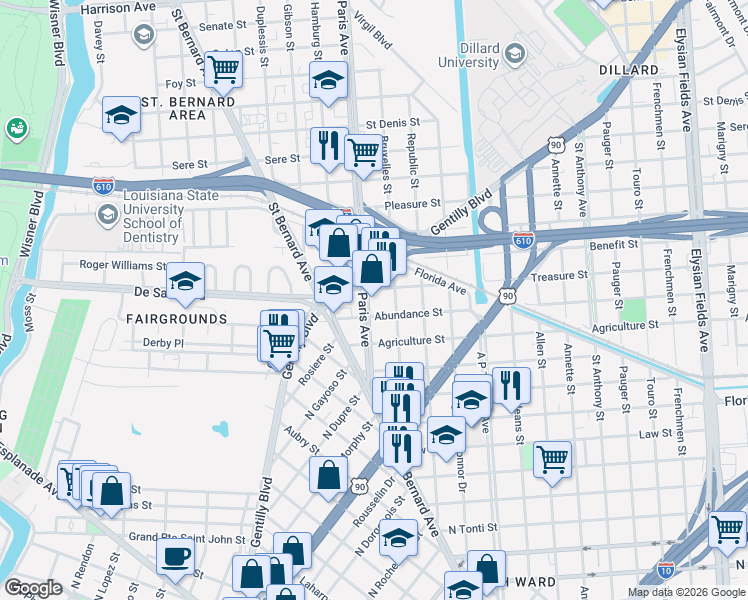 map of restaurants, bars, coffee shops, grocery stores, and more near 1627 Abundance Street in New Orleans