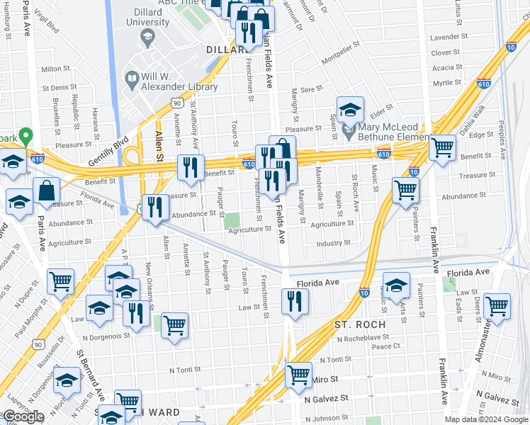map of restaurants, bars, coffee shops, grocery stores, and more near 2152 Abundance Street in New Orleans