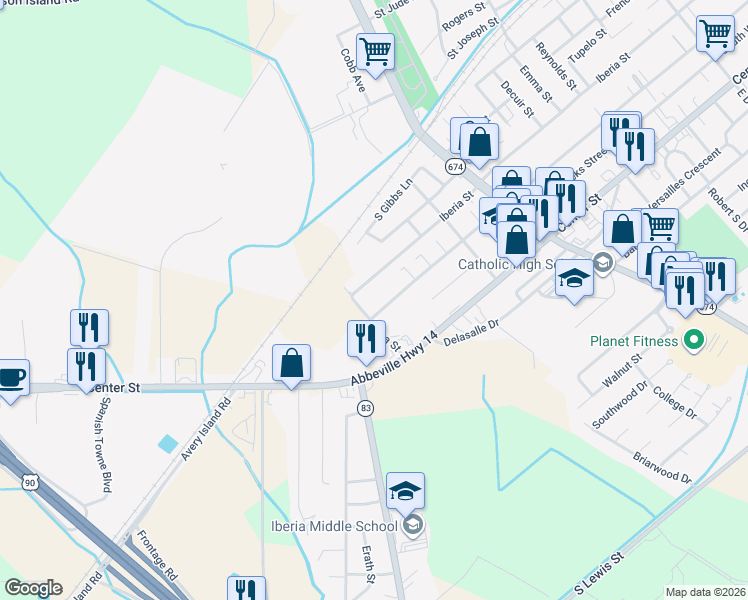 map of restaurants, bars, coffee shops, grocery stores, and more near 1918 Julia Street in New Iberia