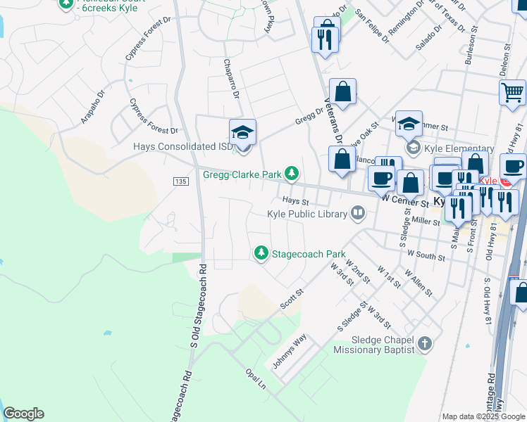 map of restaurants, bars, coffee shops, grocery stores, and more near 265 Kat Garnet Drive in Kyle