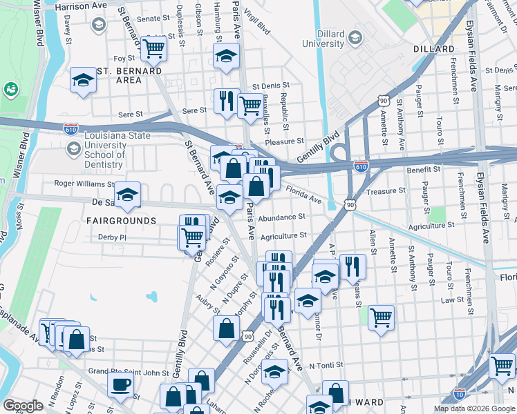 map of restaurants, bars, coffee shops, grocery stores, and more near 1627 Abundance Street in New Orleans