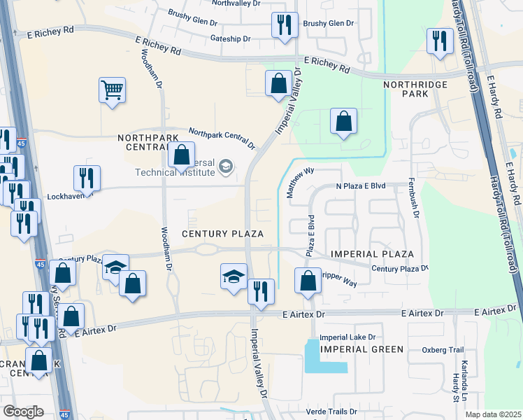 map of restaurants, bars, coffee shops, grocery stores, and more near 16 Imperial Valley Drive in Houston