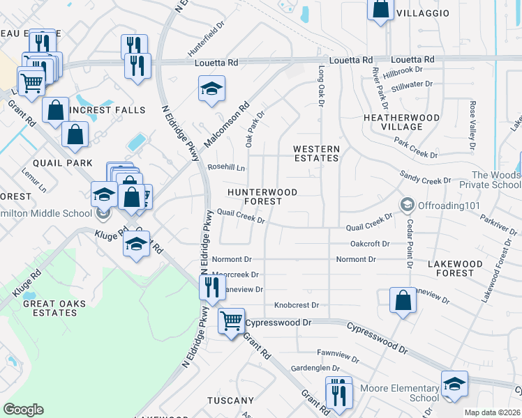 map of restaurants, bars, coffee shops, grocery stores, and more near 14627 Oak Bluff Court in Houston