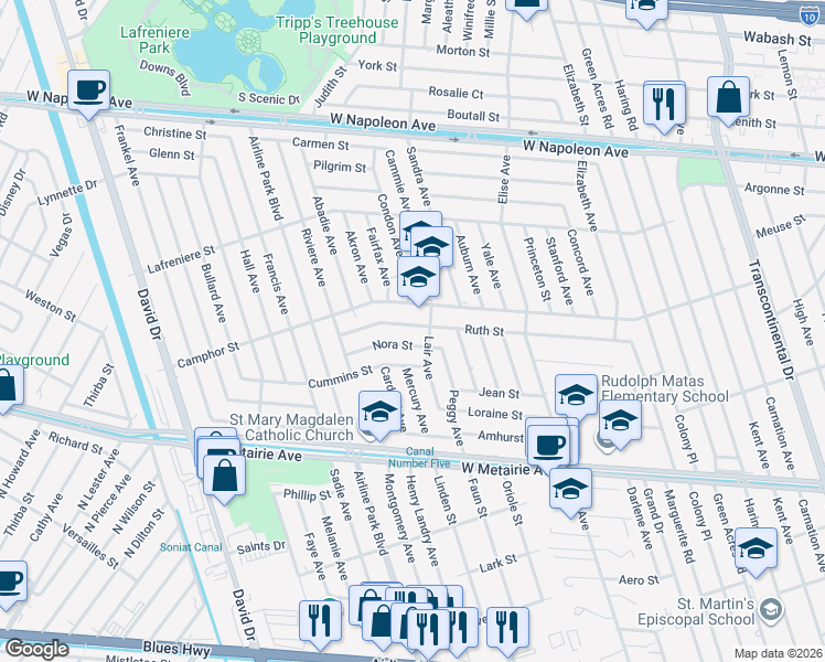 map of restaurants, bars, coffee shops, grocery stores, and more near 6304 Nora Street in Metairie