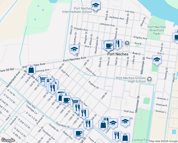 map of restaurants, bars, coffee shops, grocery stores, and more near 1801 10th Street in Port Neches