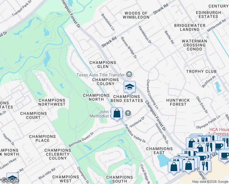 map of restaurants, bars, coffee shops, grocery stores, and more near 13842 Paradise Valley Drive in Houston