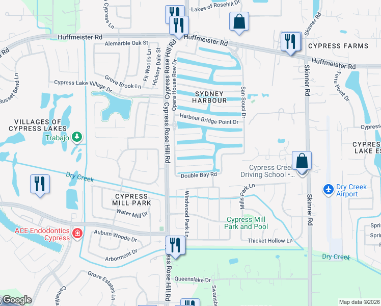 map of restaurants, bars, coffee shops, grocery stores, and more near 18034 Dunoon Bay Point Court in Cypress