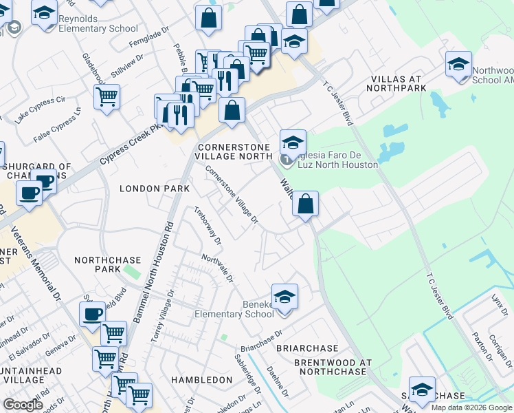 map of restaurants, bars, coffee shops, grocery stores, and more near 14300 Cornerstone Village Drive in Houston