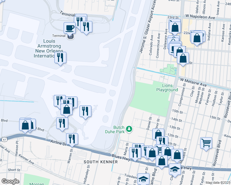 map of restaurants, bars, coffee shops, grocery stores, and more near in Kenner
