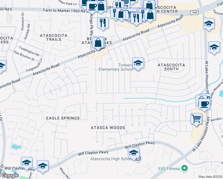 map of restaurants, bars, coffee shops, grocery stores, and more near 18611 Atasca South Drive in Humble