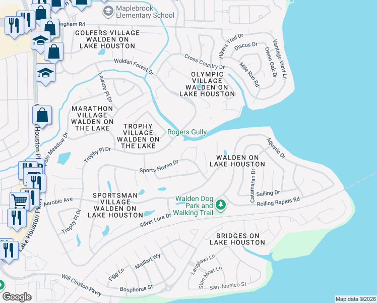 map of restaurants, bars, coffee shops, grocery stores, and more near 18727 Walden Glen Circle in Humble