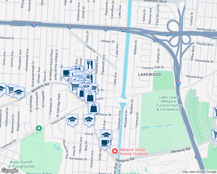 map of restaurants, bars, coffee shops, grocery stores, and more near 409 Carrollton Avenue in Metairie
