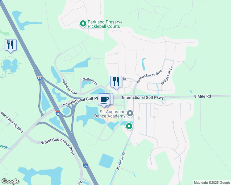 map of restaurants, bars, coffee shops, grocery stores, and more near 2260 International Golf Parkway in St. Augustine