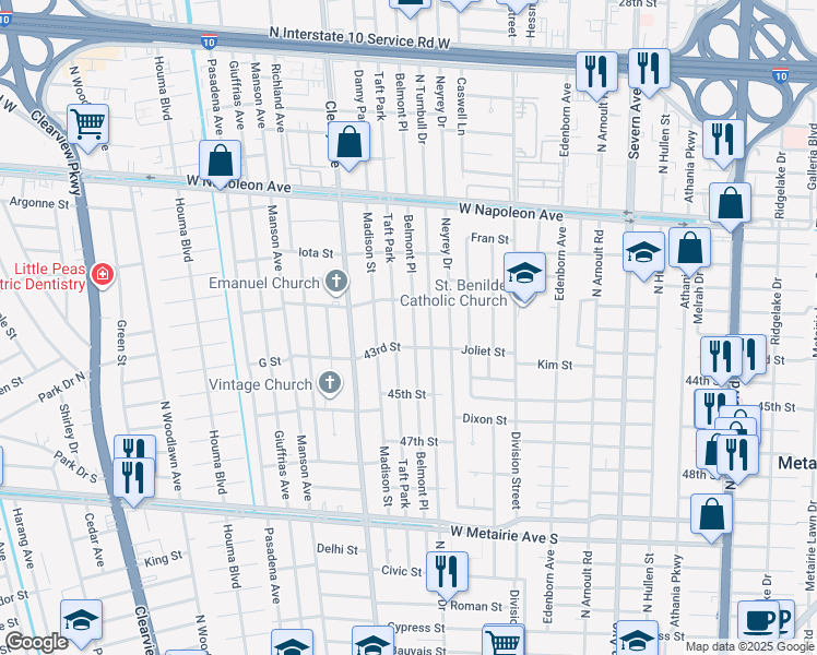 map of restaurants, bars, coffee shops, grocery stores, and more near 1612 North Turnbull Drive in Metairie