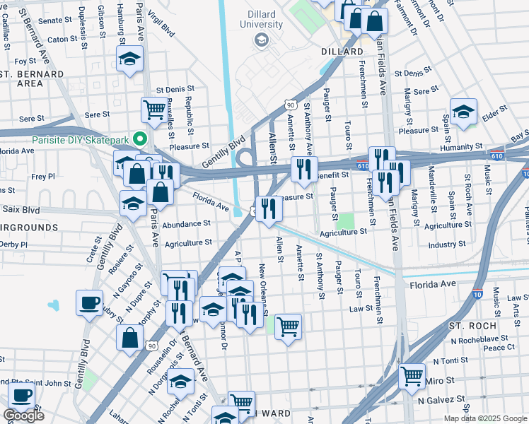 map of restaurants, bars, coffee shops, grocery stores, and more near 1850 Florida Avenue in New Orleans