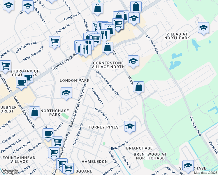 map of restaurants, bars, coffee shops, grocery stores, and more near 14365 Cornerstone Village Drive in Houston