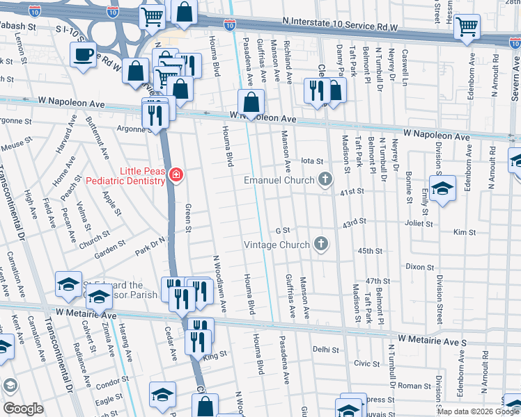 map of restaurants, bars, coffee shops, grocery stores, and more near 4200 Pratt Street in Metairie