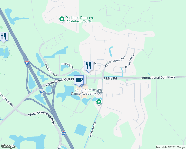 map of restaurants, bars, coffee shops, grocery stores, and more near 650 East Twincourt Trail in St. Augustine