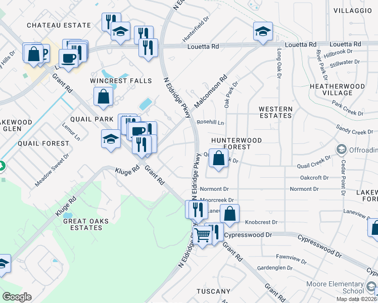 map of restaurants, bars, coffee shops, grocery stores, and more near 14703 North Eldridge Parkway in Houston