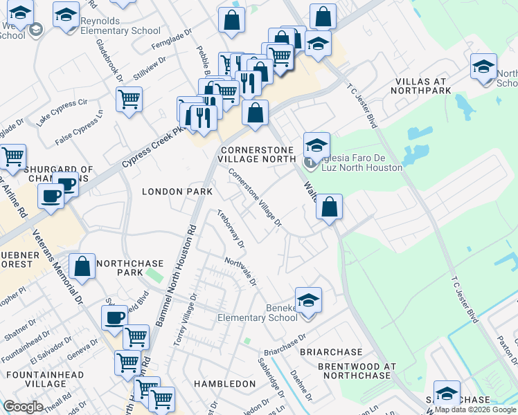 map of restaurants, bars, coffee shops, grocery stores, and more near 14365 Cornerstone Village Drive in Houston