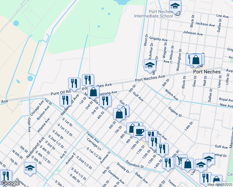 map of restaurants, bars, coffee shops, grocery stores, and more near 2014 4th Street in Port Neches