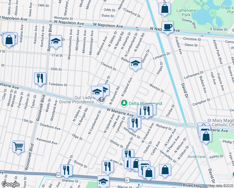 map of restaurants, bars, coffee shops, grocery stores, and more near 1020 North Starrett Road in Metairie