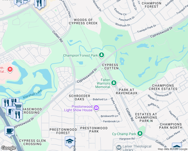 map of restaurants, bars, coffee shops, grocery stores, and more near 9717 Cypresswood Drive in Houston