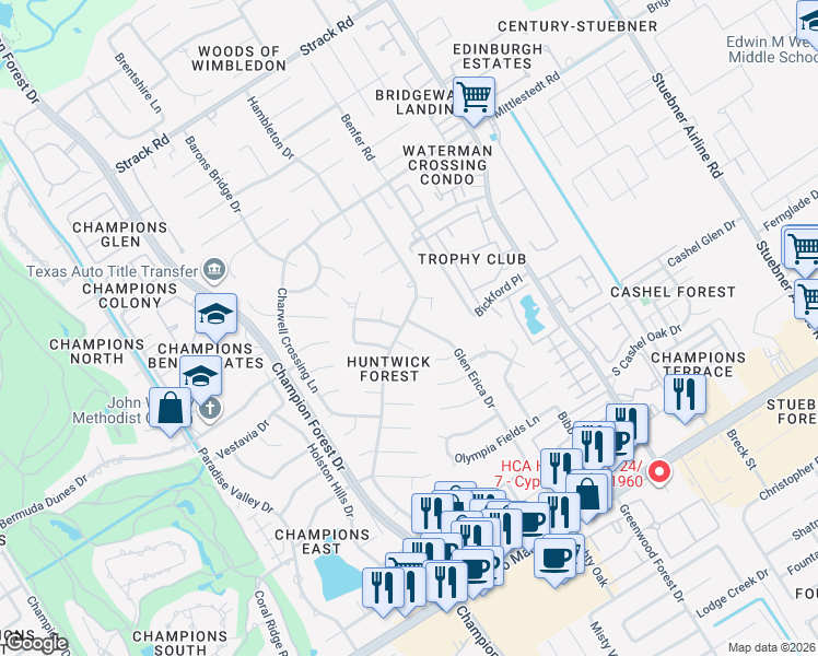 map of restaurants, bars, coffee shops, grocery stores, and more near 13606 Wendelyn Lane in Houston